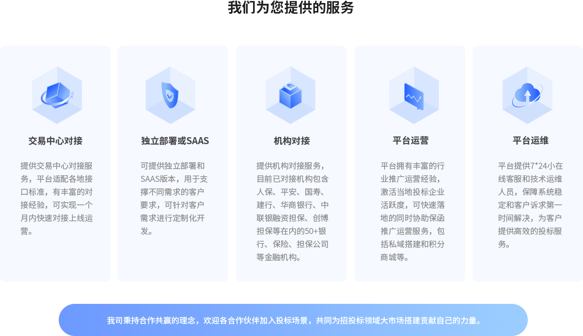 交易中心对接：提供交易中心对接服务，平台适配各地接口标准，有丰富的对接经验，可实现一个月内快速对接上线运营。独立部署或SAAS：可提供独立部署和SAAS版本，用于支撑不同需求的客户要求，可针对客户需求进行定制化开发。机构对接：提供机构对接服务，目前已对接机构包含人保、平安、国寿、建行、华商银行、中联银融资担保、创博担保等在内的50+银行、保险、担保公司等金融机构。平台运营：平台拥有丰富的行业推广运营经验，激活当地投标企业活跃度，可快速落地的同时协助保函推广运营服务，包括私域搭建和积分商城等。平台运维：平台提供7*24小在线客服和技术运维人员，保障系统稳定和客户诉求第一时间解决，为客户提供高效的投标服务。我司秉持合作共赢的理念，欢迎各合作伙伴加入投标场景，共同为招投标领域大市场搭建贡献自己的力量。